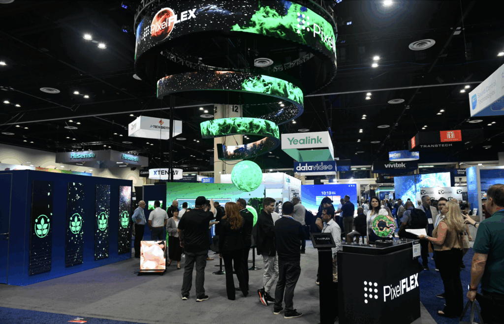 Trade show exhibit with LED spiral and LED sphere
